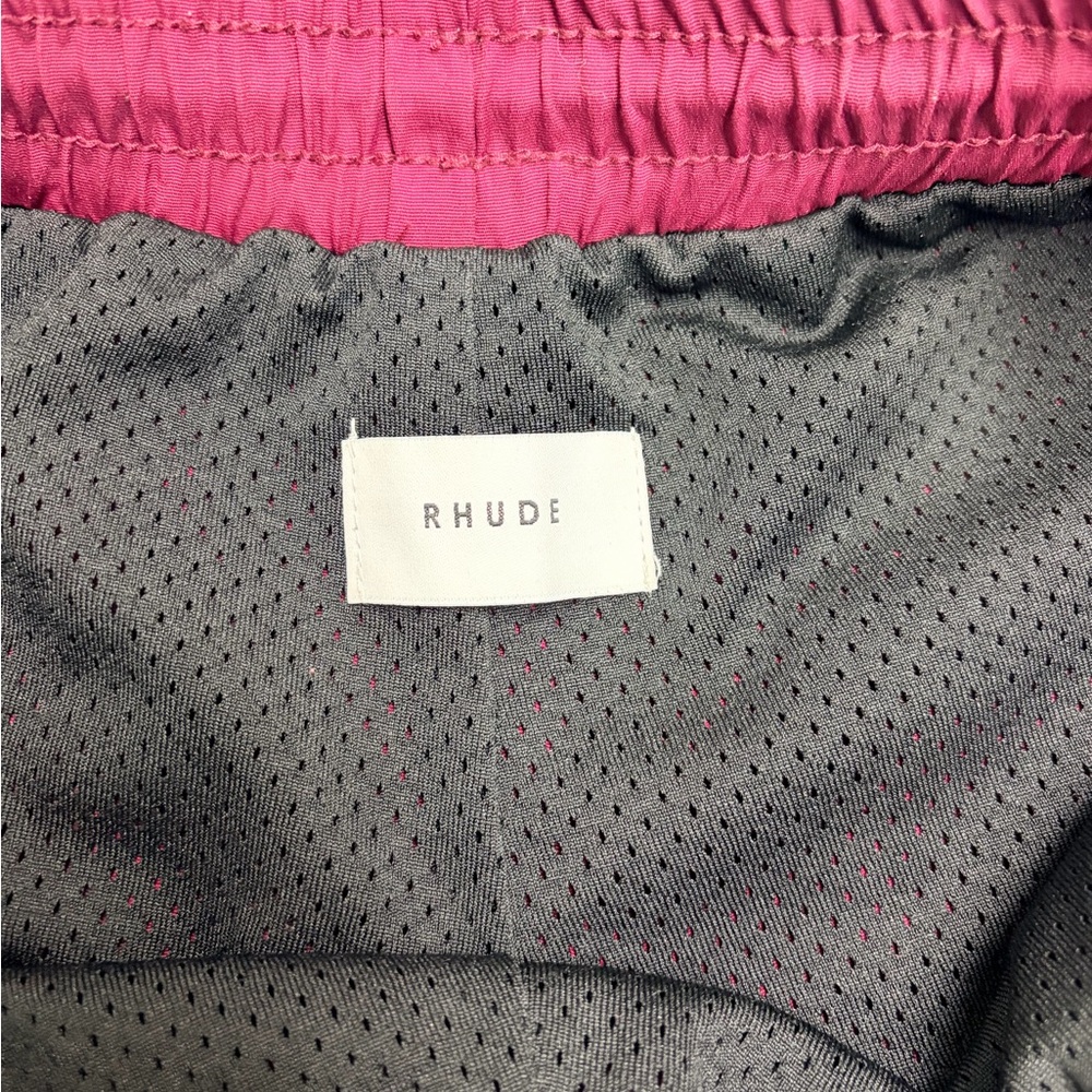 Rhude Men's Burgundy Athletic Shorts with Yellow Drawstring - Picture 3 of 4